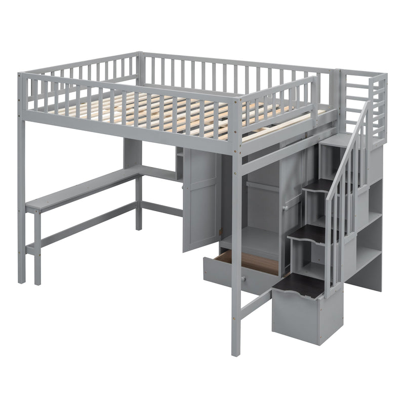 Full size Loft Bed with Bookshelf,Drawers,Desk,and Wardrobe-Gray