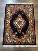 Small Indo Persian Rug 2x3, Navy Blue & Terracotta, Wool, Handmade