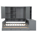 Full Size Wooden Daybed With Three Drawers, and All-in-One Cabinet, Desk and Shelves, Gray