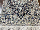 Persian Nain Rug 4x6, Floral, Hand Knotted Vintage Wool & Silk Highlights, Signature from Masterweaver, Navy Blue and Ivory