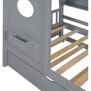 Wooden Twin Size House Bed With Trundle, Modern Design for Kids with Storage Shlef, Gray