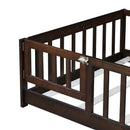 Twin Size Floor Bed with Fence and Door,Rubber Wood Floor Bed with Safety Guardrails,Espresso