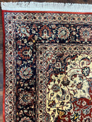 Fine Sino Persian Rug 7x10 ft, Floral Central Medallion Oriental Carpet, Red Navy Blue Cream, Hand Knotted Wool Traditional Vintage Rug