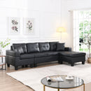 Modern Sectional Sofa Set with L Shape Chaise Lounge, Cup Holder, Black PU, 4 Seat