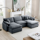 Oversized modular cushioned sofa with conversible ottoman, 3-seater sofa with 2 footstools, U shape sofa inGrey corduroy fabric
