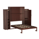 Queen Size Murphy Bed, Wooden Queen Wall Bed with 2 Wardrobe and Storage Shelf, Multifunctional Foldable Platform Bedframe for Guest-Room, Bedroom, Walnut