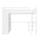 Queen Size Loft Bed Frame with Built-in Wardrobe, Metal Loft Bed with Desk and Storage Shelves, White