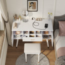 Elegant Vanity Makeup Table & Chair Set, Modern Dressing Table with Organizer, Writing Desk, Charging Port, White, Engineered Wood