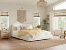 Queen Size Modern Upholstered Bed Frame with Linen Fabric and Solid Wood Legs, White