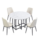 TOPMAX Space-Saving 5-Piece Extendable Kitchen Dining Table Set for Small Spaces - Round Faux Marble Top with Black Frame, 4 Upholstered Chairs, Compact Foldable Design,White+Beige