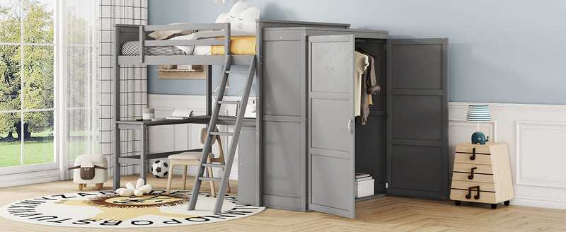 Full size Loft Bed with Desk, Shelves and Wardrobe-Gray