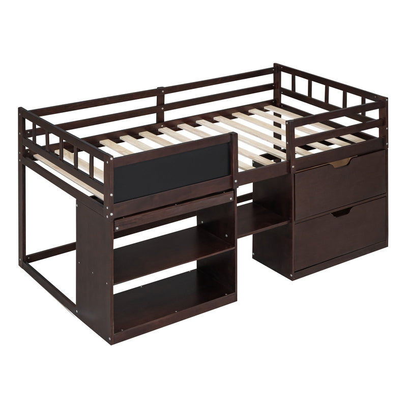 Twin Size Low Loft Bed with Rolling Desk, Shelf and Drawers - Espresso