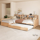 Twin Size Wooden L Shaped Daybed with Under-bed Trundle and Storage Drawer, Versatile Corner Bed Frame with Bookcases for 3, Natural