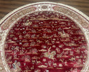 Large Round Turkish Silk Rug 8x8, Hunting Design, Dark Red & Ivory, Bamboo Silk