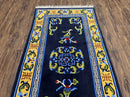 Chinese Art Deco Rug 3 x 5.9, Handmade Chinese Peking Carpet, Dark Blue and Gold, Medallion, Asian Oriental 3x6 Hand Knotted Vintage Rug