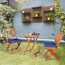 Patio Bistro Set With Wood Table And Navy Cushioned Chairs