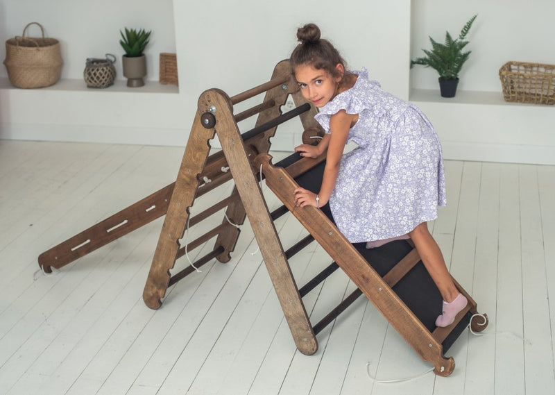 3in1 Montessori Climbing Frame Set: Triangle Ladder + Slide Board/Ramp + Net – Chocolate