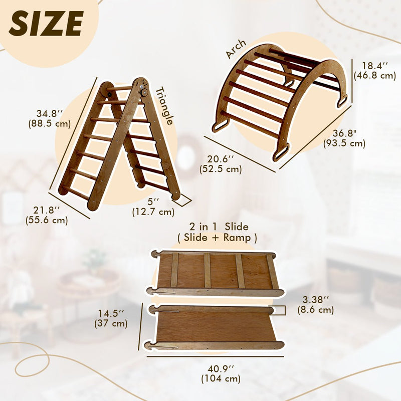 3in1 Montessori Climbing Set: Triangle Ladder + Arch/Rocker Balance + Slide Board – Chocolate