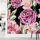 Fashionable Black Wallpaper with Pink Flowers