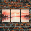 Beautiful Red Lake Sunset 3 Piece Framed Canvas Print Set, Above Sofa Art, Living Room Decor, Beautiful Wall Art, Watercolor Painting