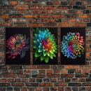 Triptych 3 Panel Wall Art - Framed Canvas Prints - Neon Flowers - Retro Style Flower Paintings - Boho Decor - Minimalist Wall Art - Modern