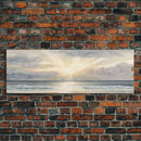 Whimsical Beach Sunset Art Watercolor, Framed Canvas Print, Panoramic Lakehouse Art, Light Pastels, Ultra Wide Format Above Bed Art