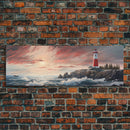 Lighthouse On A Rocky Cliff At Sunset, Framed Canvas Print / Wall Art, Watercolor Painting of a Nautical Scene