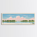 Coralville Lake Iowa Framed Canvas Print, Midcentury Modern Panoramic Wall Art, Living Room Decor, Pop Art, Travel Poster Art, Scenic Nature Painting, Lake House Decor