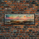 Watercolor Landscape Painting Print, Ready To Hang Panoramic Canvas Print, Whimsical Water Color Sunset, Hazy Smoky Sky