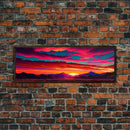 Panoramic Framed Canvas Print | Desert Mountain Landscape Synthwave Sunset | Living Room, Bedroom, Dining Room, Office