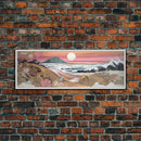 Japanese Style Seascape Canvas Art Print, Full Moon, Big Waves, Pink Flowers, Mountain, Wall Decor, Panoramic, Wall Art, Canvas Print