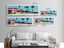 Los Angeles California Panoramic Wall Art, Mid Century Modern Framed Canvas Print, Retro Pop Art Travel Poster, Living Room Art