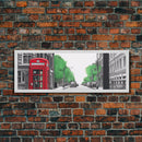 Red Vintage Phone Booth, London Art Print, Street Pencil Sketch Art, Green Trees, Perspective Art, Panoramic, Canvas Print, Wall Art