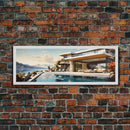 Midcentury Modern Architecture Painting Framed Canvas Print, Beautiful MCM House On Lake Tahoe, Livingroom Centerpiece Wall Art