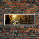The Forest In The Autumn, Fall Centerpiece, Panoramic Painting Framed Canvas Print, Fall Decor, Orange Leaves Falling In The Forest