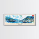 Lugano Switzerland Panoramic Travel Poster, Framed Canvas Print or Metal Wall Art, Travel Art, Home Decor, Panoramic Painting, Midcentury Art