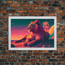 Lion contemplating life on a cliff, vibrant and colorful synthwave retro style art, framed canvas print