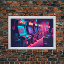 Synthwave Game Room Art, Neon retro 90s arcade room wall art, framed canvas print