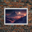 Mt. Everest Art, full moon over a mountain landscape, watercolor, framed canvas print, unique wall art