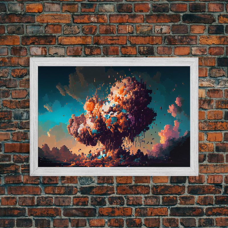 Pixel art atomic bomb, framed canvas print, pixel art explosion