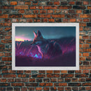Cute animal prints, vaporwave fox hunting in the tall grass, framed canvas print