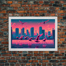 Pink Flamingos, Vaporwave aesthetic style art, framed canvas print, framed wall art