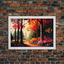 Pop Art Style Fall Forest Landscape, Framed Canvas Print, Unique living room wall art, above sofa art, Color Pop forest art