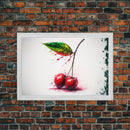 Watercolor Cherry, Still Life Paint Splatter Art, Framed Canvas Print, Fruit Art, Cherries with Stems Watercolor Painting