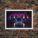 Retro Style Synthwave Wireframe City, Outrun Style, Framed Canvas Print, 80s Vibes Art