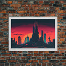 Outrun Style Pixel Art Futuristic Cyberpunk City Skyline at Sunset, Concept art, framed canvas print, dystopian art