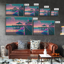 Neon Beach, cool beach house wall decor, synthwave pier and boardwalk, framed canvas print, framed wall art