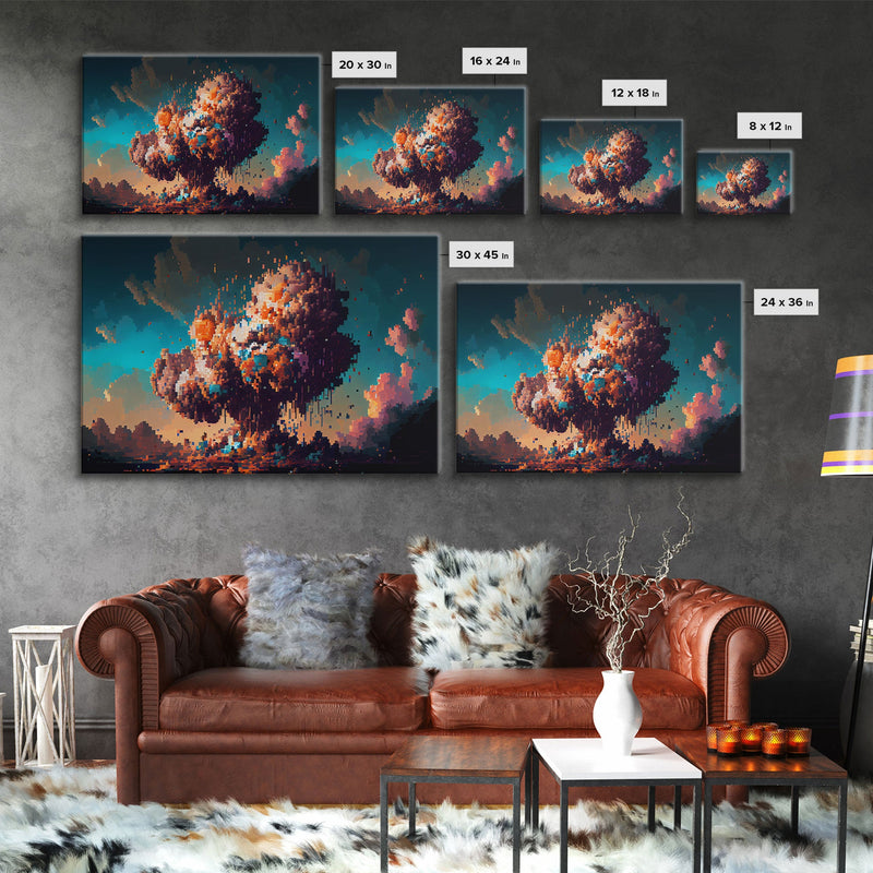 Pixel art atomic bomb, framed canvas print, pixel art explosion