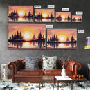 Sunrise Over The Lake and Forest, Lakehouse landscape art, orange and red tones, framed canvas print, watercolor art