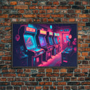 Synthwave Game Room Art, Neon retro 90s arcade room wall art, framed canvas print